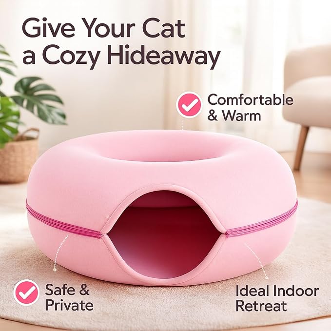 Pink Cat Tunnel & Donut Bed Cave for Indoor Cats – Large Felt Cat Toys Interactive Hideaway, No-Collapse, Scratch-Resistant, Washable Cat House, Cat Enrichment for Bored Indoor Cats & Kittens Gift Toy