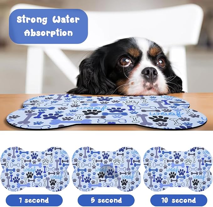 Dog Food Mats for Floors Waterproof, Pet Feeding Absorbent Water Bowl Mat Cat Placemats Blue Bone Shape 23.6 * 15.7 inch