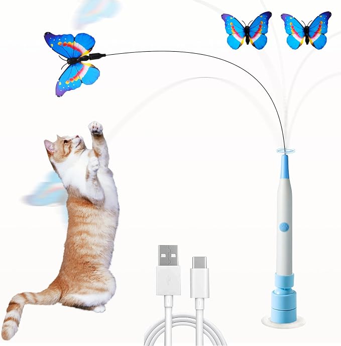 Electric Butterfly Cat Wand for Indoor Cats, 360 Spinning Self-Play with 2 Modes & Tap-to-Awake, Rechargeable Cleanable Suction Base, 3 Butterfly Refills, Interactive Cat Toy (A-Blue)