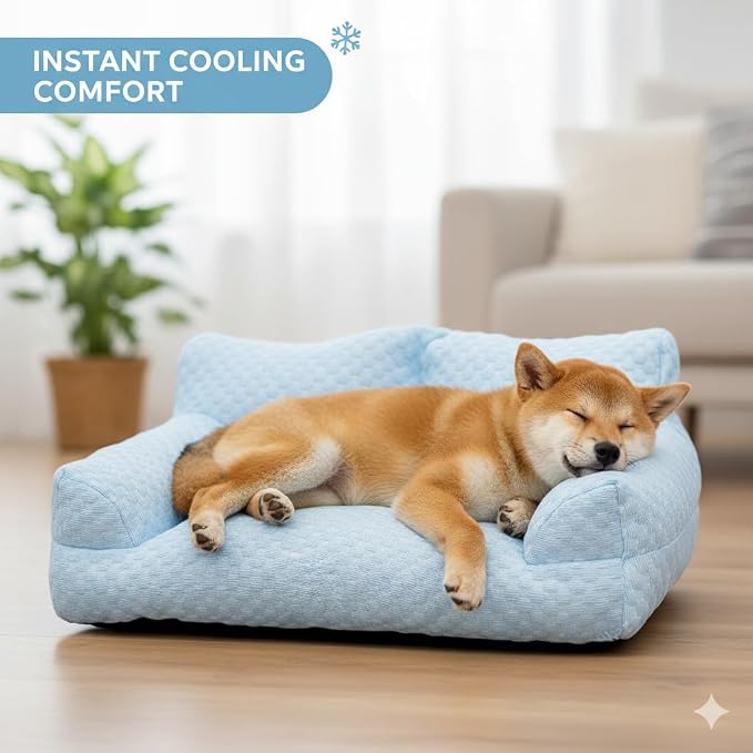 Cooling Dog Bed Cat Bed for Small Medium Large Dogs & Cats, Washable Pet Sofa Bed with 5D Breathable Fabric, Orthopedic Calming Bolster Bed, High-Resilience PP Cotton Blue 35.4"x21.7"x9.8"