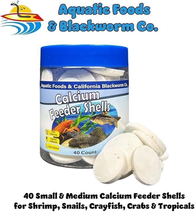 Calcium Feeding Shells, Small & Medium for Shrimp, Snails, Crabs, Crayfish, Plecos, Catfish, All Tropical Fish, 4-Type Wafer & 12-Type Pellet Mix Included 40 Count Canister
