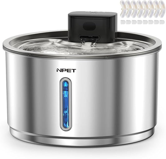 NPET Stainless Steel Wireless Cat Fountain, 1Gallon/135oz Battery Operated Automatic Pet Drinking Fountain - Cordless Dog Water Dispenser with 8 Replacement Filters for Cats Indoor