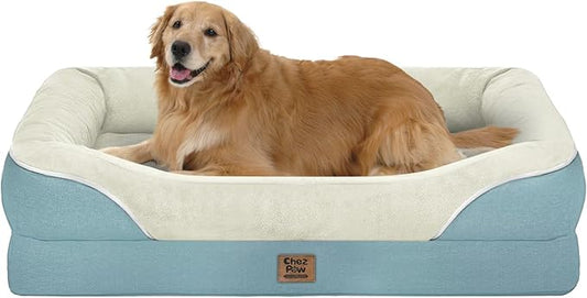 Chez Paw Large Orthopedic Dog Bed for Extra Large Dogs, Waterproof XL Egg-Crate Foam Dog Bed with Removable Washable Cover & Non-Slip Bottom, 4-Sided Bolster Support, Blue 42"x30"x7.5"