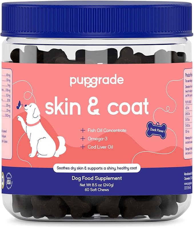 PupGrade Skin & Coat Soft Chew Supplement for Dogs – Supports Healthy Skin, Coat, and Immune Function - Rich in Natural Fish Oil, Omega Fatty Acids, and Vitamins – 60 Soft Chews