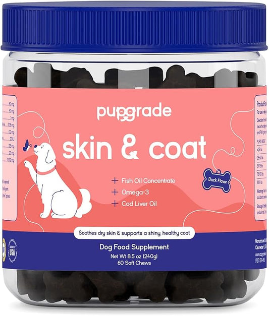 PupGrade Skin & Coat Soft Chew Supplement for Dogs – Supports Healthy Skin, Coat, and Immune Function - Rich in Natural Fish Oil, Omega Fatty Acids, and Vitamins – 60 Soft Chews