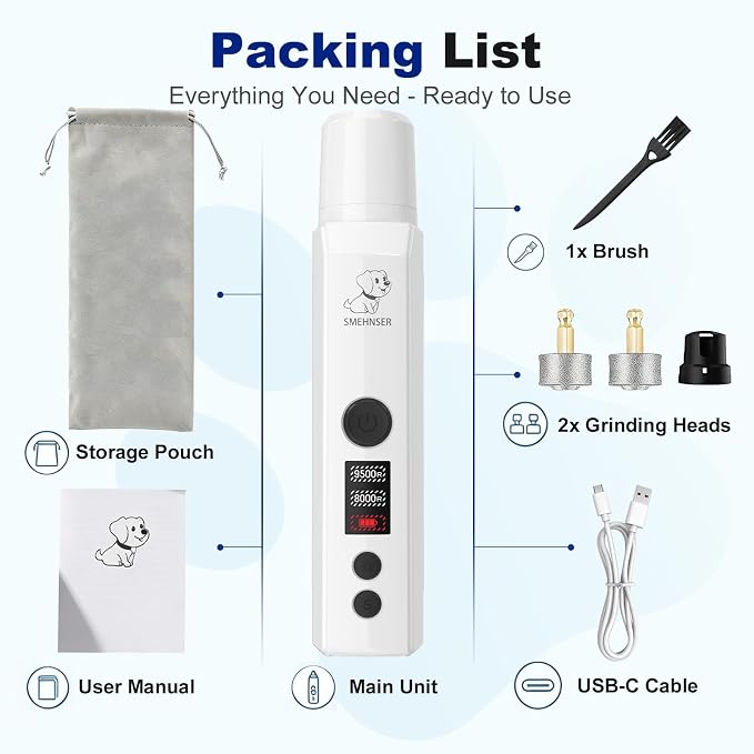 Silent Groom Pro Nail Grinder, Dog Nail Trimmers with 2-Speed, 2 LED Lights, 2 Grinding Wheels, USB Rechargable Dog Nail Grinder, White