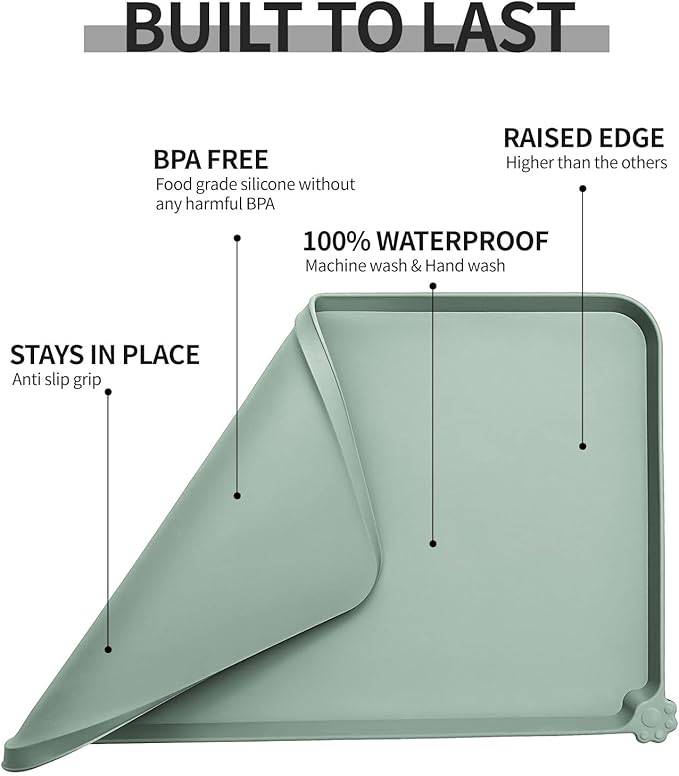 Reopet Silicone Pet Feeding Mat - Waterproof & Non-Slip Dog Cat Placemat | High Raised Edges Prevent Food & Water Spills to Protect Floors, Easy to Clean, Fit for Dog Cat Bowls