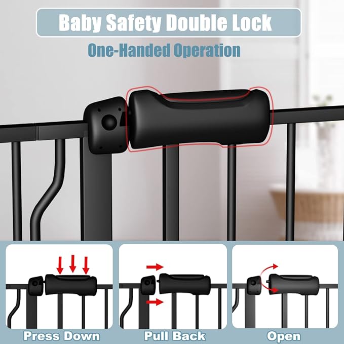 Extra Wide Baby Gate 71.6-76.37 Inch Black, Walk Through Pressure Mounted No Drill Long Large Tension Metal Gate for Dog and Toddler