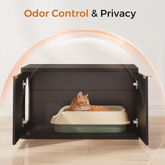 Homhedy Cat Litter Box Enclosure, Modern Fluted Accent Cat Washroom Furniture, Pet House, Fit Most of Litter Box, Black