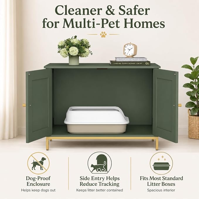 Homhedy Cat Litter Box Enclosure, Cat Washroom Furniture with Metal Frame, Pet House, Fit Most of Litter Box, Modern Style, Green and Gold