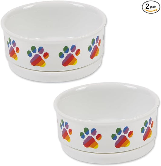 Bone Dry Ceramic Food Bowls, Non-Slip & Dishwasher Safe, Small Set, 4.25x2, Rainbow Paw, 2 Count