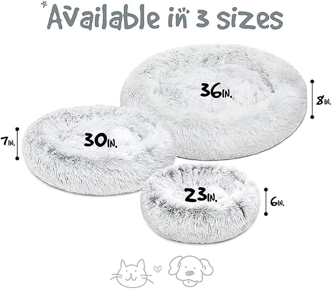 Friends Forever Donut Dog Bed Faux Fur Fluffy Calming Sofa For Large Dogs, Soft & Plush Anti Anxiety Pet Couch For Dogs, Machine Washable Coco Pet Bed with Non-Slip Bottom, 36"x36"x8" Ivory