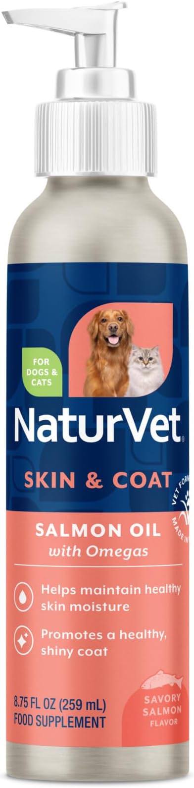 NaturVet – Salmon Oil Skin & Coat Plus Omegas – Supports Healthy Skin & Glossy Coat – Source of Omega-3 & 6 Fatty Acids – for Dogs & Cats (8.75 oz Oil)