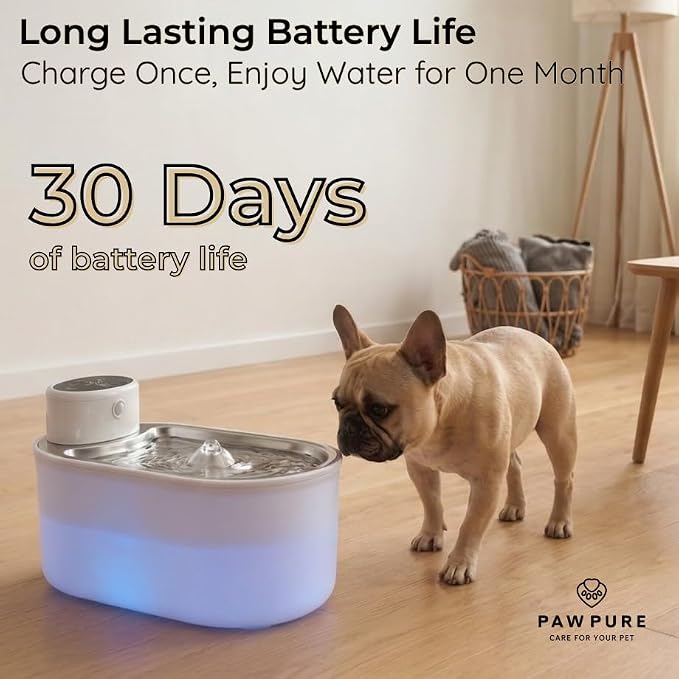 Cat Water Fountain Stainless Steel & Dog Water Fountain, Wireless 30-Day Battery, 20dB Ultra-Quiet Cordless Pet Fountain for Cats & Small/Medium Dogs, 3L/108oz