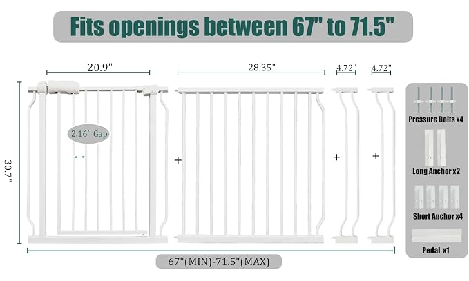 Extra Wide Baby Gate 67-71.5" Dog Gate for Doorways, Pressure Mounted No Drill Safety Gate for Kitchen, Hallways, White Metal Pet Gate for Dogs