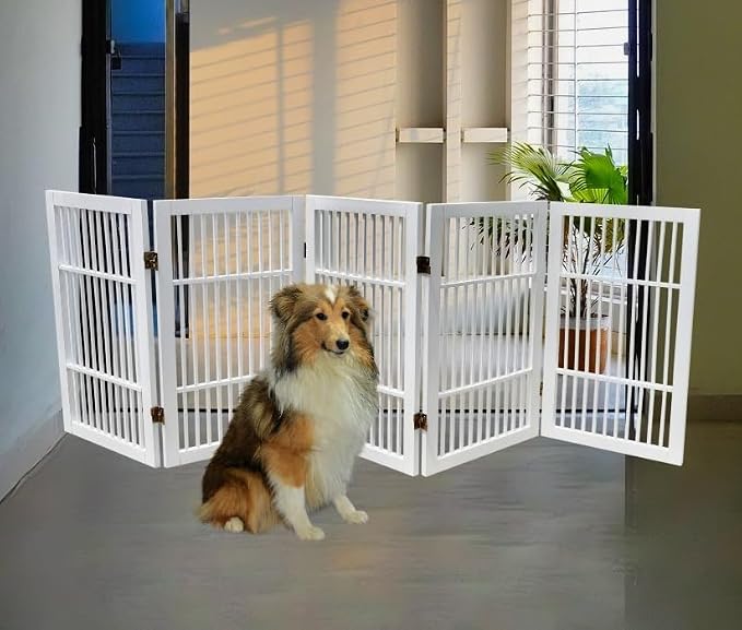Urnporium Pet Dog Gate Freestanding, Strong Durable Folding Wooden Fence, Portable Acacia Hardwood Safety Barrier for Indoor & Outdoor Use (White Pet Gate, 5 Panel 30" Tall)