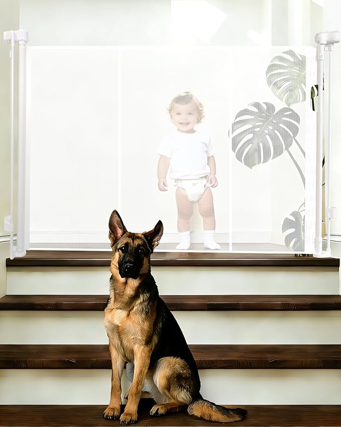 55" Wide Retractable Baby Gate for Stairs, 42" Extra Tall Retractable Dog Pet Gate with Support Rods, Mesh Screen Child Safety Gate for Doorways Hallways Deck Porch, Outdoor Indoor Use