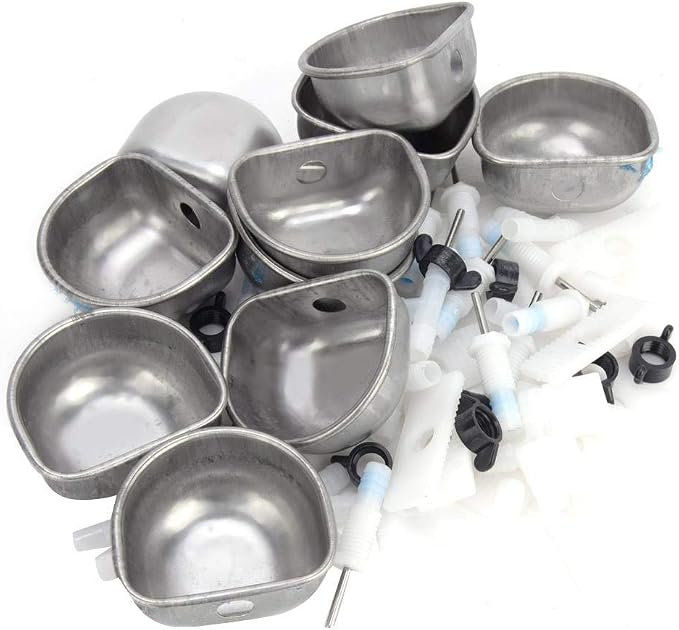 Water Drinker Bowl, Leak Stainless Steel Drinking Feeder for Cages Farm Use 7 to 10mm Hose Connection Clamp Mount One Piece Tee 10 Sets