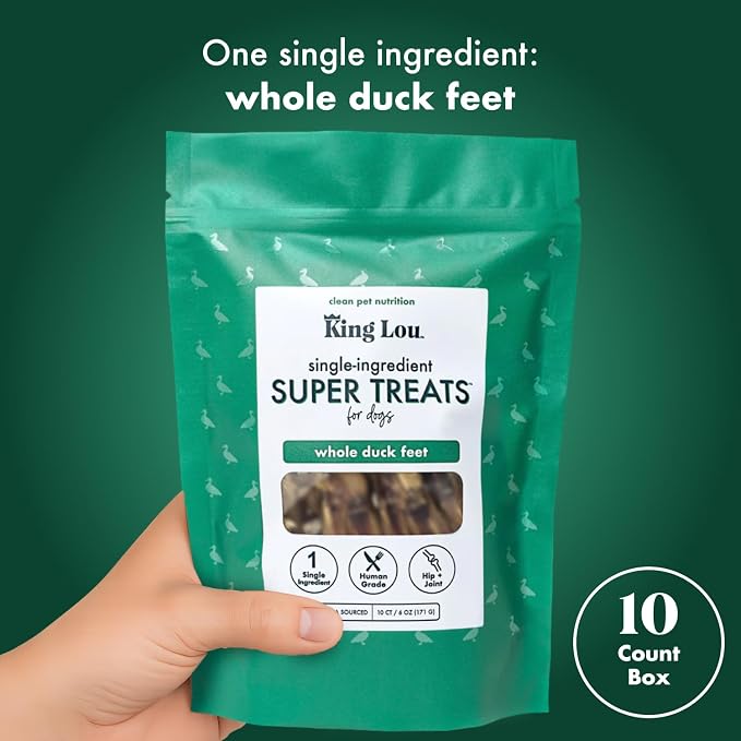 King Lou Pets Whole Duck Feet for Dogs, Single-Ingredient, Dehydrated Duck Feet Dog Treats, Human-Grade, Crunchy Dental Chews for Canine Hip & Joint Support, 10 Count