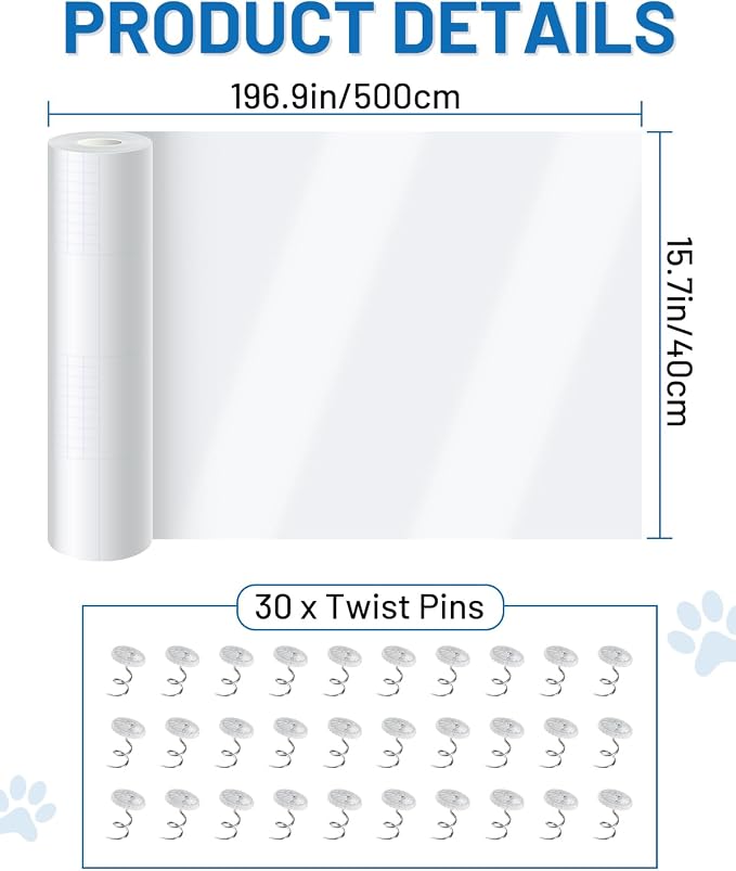 Anti Cat Scratch Furniture Protector,Clear Self-Adhesive Furniture Protectors for Apply Scratching Deterrent and Shield for Sofa Corners, Walls, Doors with 30 Twist Pins(196.9in x 15.7in)