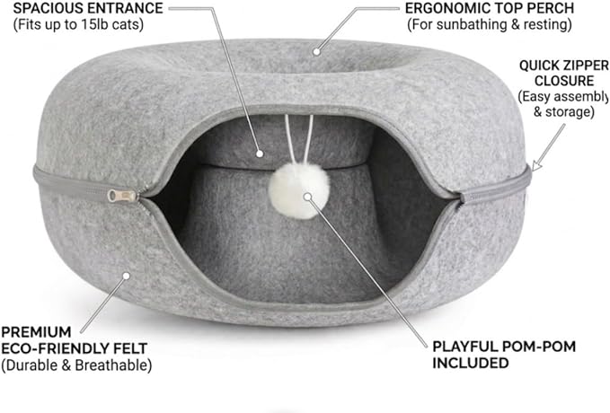 Cat Tunnel Bed - Comfort Bedz Large Donut Cave for Cats, Felt Enclosed Hideaway with Zipper, Top Perch, Interactive Toy, Washable Indoor Cat House