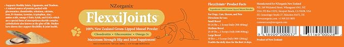 NZorganix FlexxiJoints 100% New Zealand Green-Lipped Mussel Powder, Hip & Joint Support Formula for Dogs & Cats, with Glucosamine, Chondroitin 200g (600 Servings)