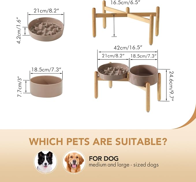 Havniva 8.2” Raised Slow Feeder Dog Bowls Set, 1.6 Cups Ceramic Slow Feeder Dog Bowl and 7.3” Dog Water Bowl with Elevated Wooden Stand Puzzle Dog Food Bowl for Medium Dogs Anti-Gulping & Anti-Choking