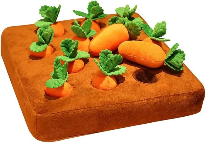 Carrot Dog Toy - Snuffle Mat, Plush Puzzle, Enrichment and Interactive Hide and Seek Pet Toy With 12 Carrots