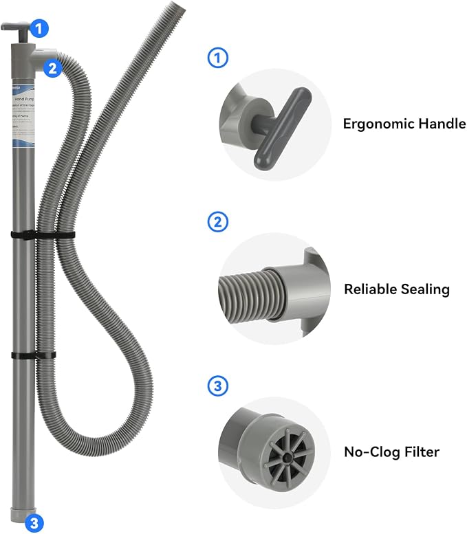 Hand Bilge Pump, Siphon Suction Water Pump 36 Inch Length with 72 Inch Hose, Fluid Transfer, Water Removal