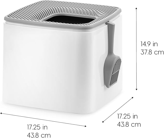 IRIS USA Cat Litter Box Top-Entry Square Top Entry Litter Box with Scoop, Enclosed Litterbox with Odor Control, Dog Proof Covered Litter Box Design, Easy to Clean, White/Gray