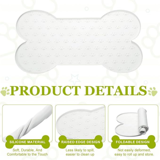 Dog Food Mat, 20x10 Inch Silicone Pet Feeding Mat Non-Slip Bone Shaped Waterproof Dog Water Bowl Tray Raised Edge Protects Floors (White), Intended for Pets Bowl/Fountain