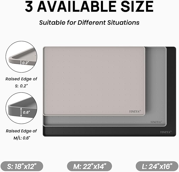 YINEYA Silicone Dog & Cat Food Mat Waterproof 22" x 14", Raised Edge Dog Bowl Mat for Food and Water, BPA-Free Non-Slip Pet Feeding Mats for Floors, Multifunctional Silicone Mat (Gray)