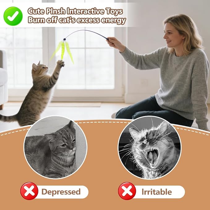 Caterpillar Smart Cats Toys, Interactive Cat Feather Toy with Motion Sensor, Whirlie Cat Toy for Hunting, Reduce Boredom, USB Rechargeable, No Drilling Required, Mount on Window (Refills)