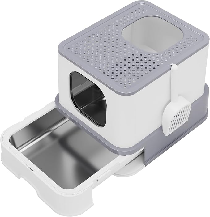 RIZZARI Stainless Steel Cat Box: Large Gray Enclosed Design Litter Pan - High-Edged & Teflon Coating - for Superior Odor Control & Easy-Clean Drawer - Ideal for Multi-Cat Homes Garage