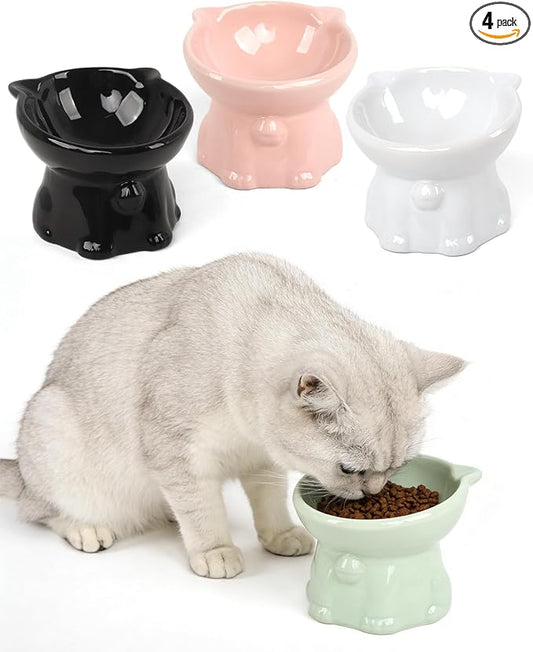 Ceramic Elevated Cat Bowls, 4 Pack 5 Oz Whisker Friendly Cat Bowls Cats Food Bowl Cats Food Dishes for Cats, Small Dog, Kitten, Microwave & Dishwasher Safe, 5.1 x 4.3 inch