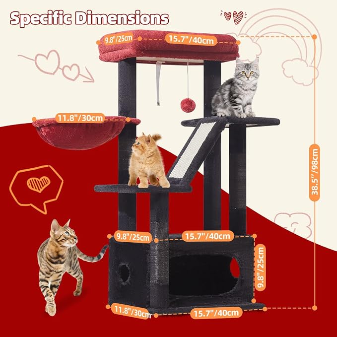 Taoqimiao Gothic Cat Tree,38.5-Inch Cat Tower for Indoor Cats,Suitable for Kittens with Luxurious cat condo with Adjustable Baskets and Luxurious Perch MS029SBR Black and Red