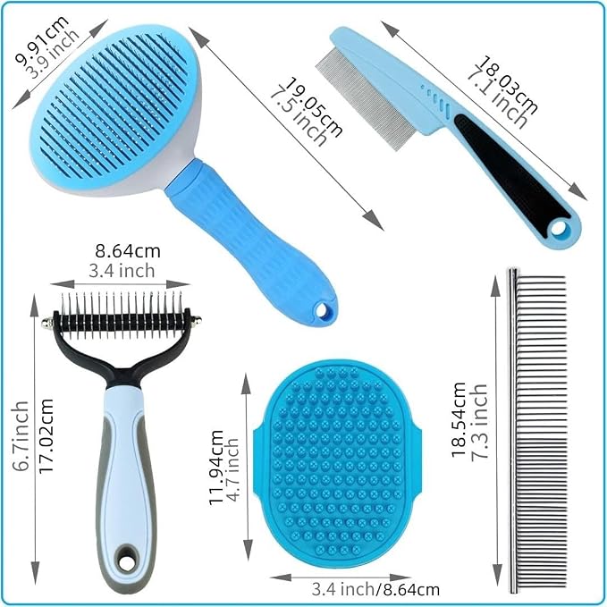Loving PETS 6-in-1 Dog Grooming Kit - Self Cleaning Slicker Brush, Dematting Rake, Steel Comb, Flea Comb & Bath Brush - Professional Pet Grooming Set with Storage Bag for Dogs & Cats (Blue)