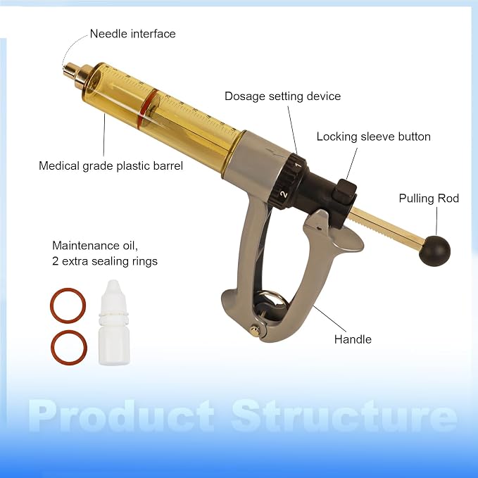 50ml semi-automatic livestock injector, 5-level adjustable continuous repeating Luer lock livestock injector, ergonomic design, suitable for cattle, horses, goats, sheep, and pigs on farms and ranches.