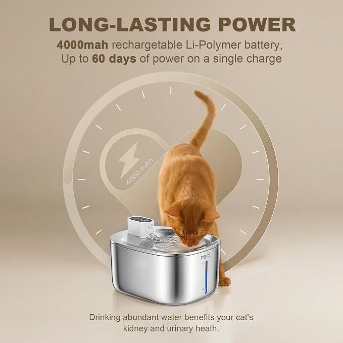 Wireless Cat Water Fountain Stainless Steel,4.5L Cordless Pet Fountains for Dringking,4000mah Battery Operated Cat Water Pountain,Automatic Dog Dispenser w Pet Hair Remover Gloves