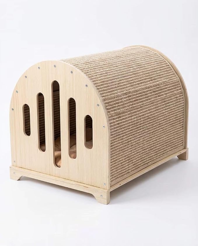 Modern Cat House for Indoor Cats, 2-in-1 Cat Scratcher Lounge with Cozy Cushion, Wooden Furniture Style Cat Condo Bed for Cats & Kittens