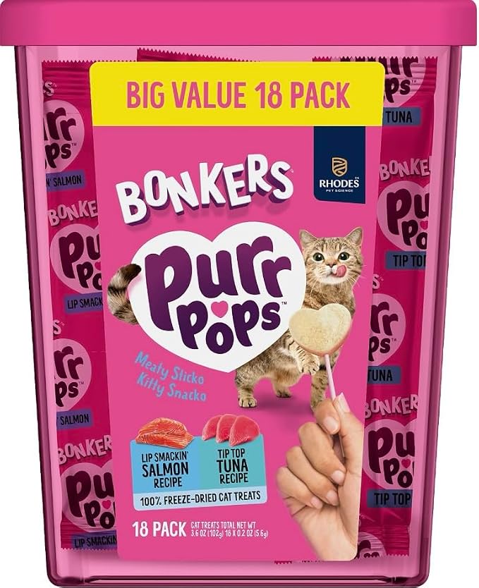 Bonkers Purrpops Freeze-Dried Cat Treats, 2-18 Pack Variety Bundle with Salmon & Tuna, Catnip & Chicken Flavors, Plus 4 Cat Spring Toys