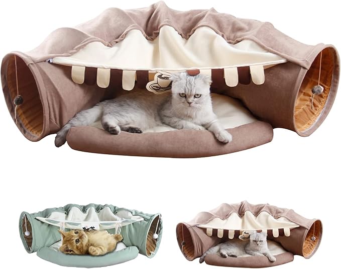 LEFTSTARER 2-in-1 Collapsible Cat Tunnel for Indoor Bed and Hideout - Pet Dog Rabbit Bunny Ferret Tunnel Tubes Toys with Removable Washable Mat, Tower Wheel Stuff
