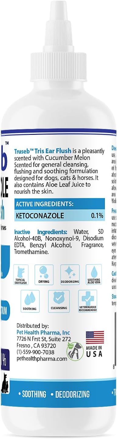 Truseb Cat & Dog Ear Infection Treatment Solution – Medicated Ketoconazole 1% TRIS with Trizmax EDTA (Tromethamine USP, Disodium Edta) – Soothes Itchy & Inflamed Ears, Cleans Debris and Buildup(12 oz)
