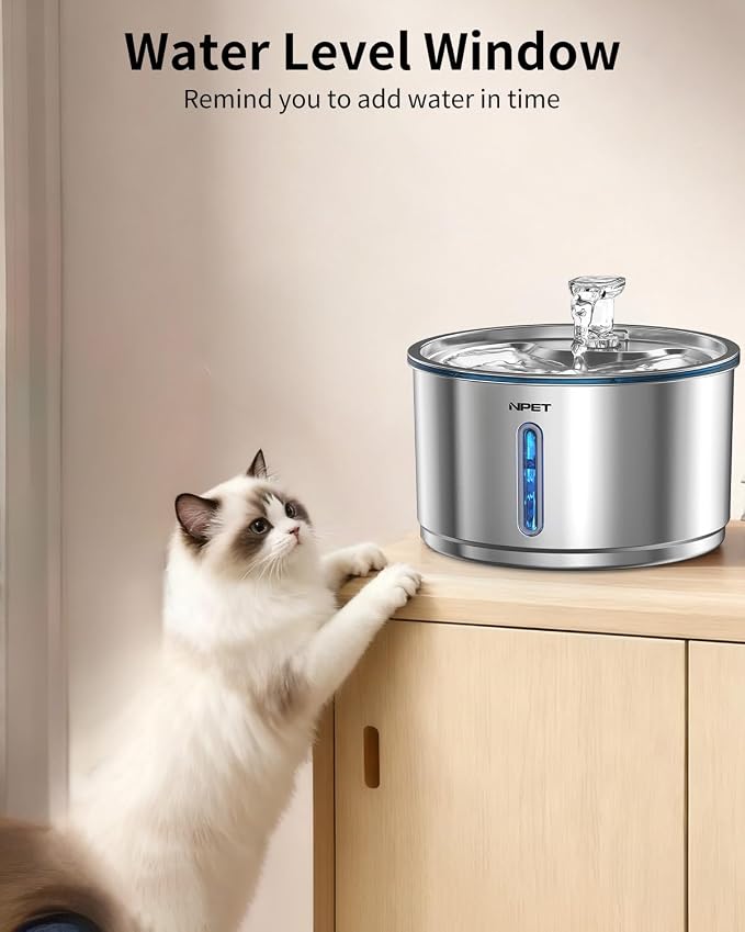 NPET Stainless Steel Cat Water Fountain, 1Gallon/135oz Automatic Pet Drinking Fountain Dog Water Dispenser with 4 Replacement Filters for Cats Indoor