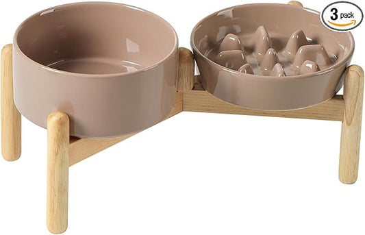 Havniva 6.1” Raised Slow Feeder Dog Bowls Set, 0.9 Cups Ceramic Slow Feeder Dog Bowl and 6.1” Dog Water Bowl with Elevated Wooden Stand Puzzle Dog Food Bowl for Small Dogs Anti-Gulping & Anti-Choking