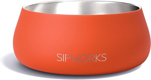 Sipworks Stainless Steel Dog Bowl – 32oz Weighted Metal Food and Water Bowls for Dogs and Cats with Non-Slip Base - Pet Bowls for All Breeds Sizes for Travel & Outdoor Play | Burnt Orange