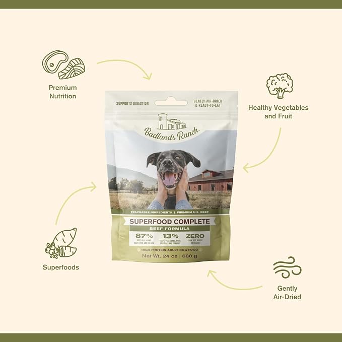 BADLANDS RANCH Superfood Complete Beef 24 oz., Super Gut Biotics, Freeze Dried raw Beef Liver Dog Treats 4 oz.