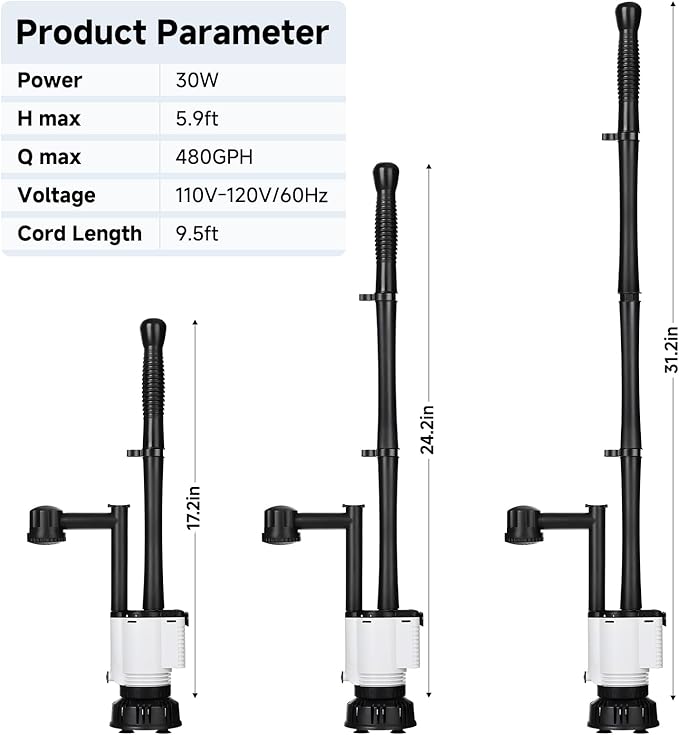 AQQA Electric Aquarium Gravel Cleaner, 8-in-1 Fish Tank Vacuum, Water Changer Sand Washer Algae Brush Turtle Shower Filter, Automatic Cleaning Kit for Freshwater Saltwater, 30W/480GPH