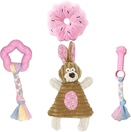 Puppy Toys for Teething Puppies, Puppy chew Toys for Small Dogs, Squeaky Bunny Dog Toys for Puppies, Small Puppy,Pink, 4pcs