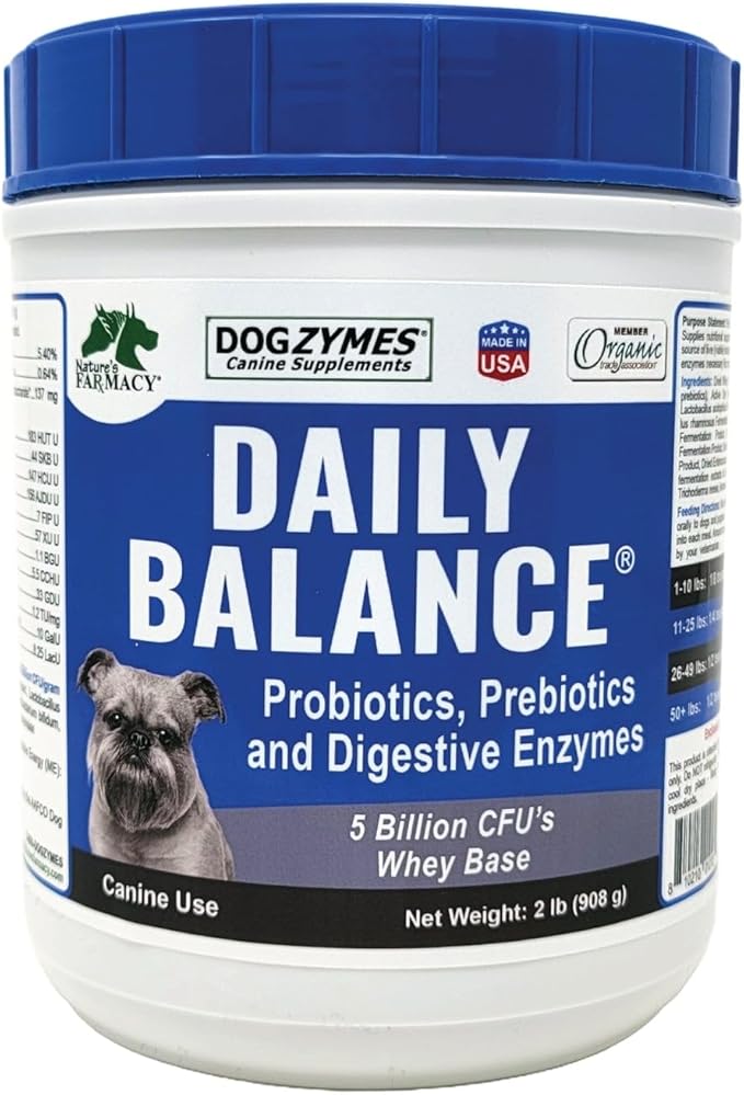 DOGZYMES Daily Balance Canine Supplement by Nature’s Farmacy – Probiotics + Prebiotics + Digestive Enzymes – 5 Billion CFUs – Whey Base – 2 lbs (908 g)